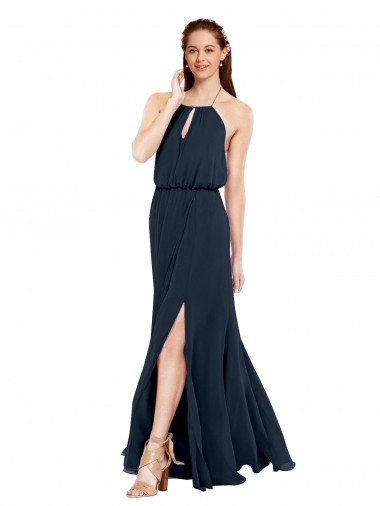 Azul marina oscuro línea A Halter Gasa Largo Vestidos de dama de honor Al Por Mayor