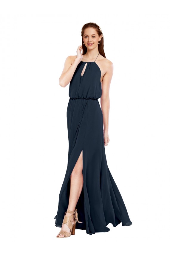 Azul marina oscuro línea A Halter Gasa Largo Vestidos de dama de honor Al Por Mayor