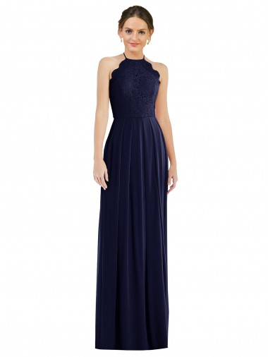 Azul marina oscuro línea A Halter Gasa Largo Vestidos de dama de honor Al Por Mayor