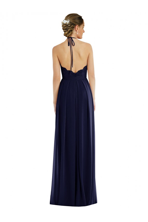 Azul marina oscuro línea A Halter Gasa Largo Vestidos de dama de honor Al Por Mayor