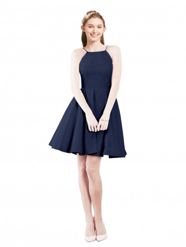 Azul marina oscuro línea A Halter Satén Corto Vestidos de dama de honor / Vestidos de cóctel Al Por Mayor
