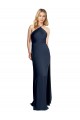 Azul marina oscuro línea A Halter Satén elástico Largo Formales Vestidos de dama de honor / Vestidos de fiesta Al Por Mayor