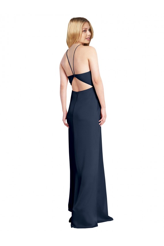 Azul marina oscuro línea A Halter Satén elástico Largo Formales Vestidos de dama de honor / Vestidos de fiesta Al Por Mayor