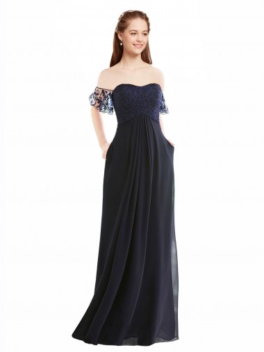 Azul marina oscuro línea A Hombros Descubiertos Cuello en V Gasa Encaje Largo Vestidos de dama de honor Al Por Mayor