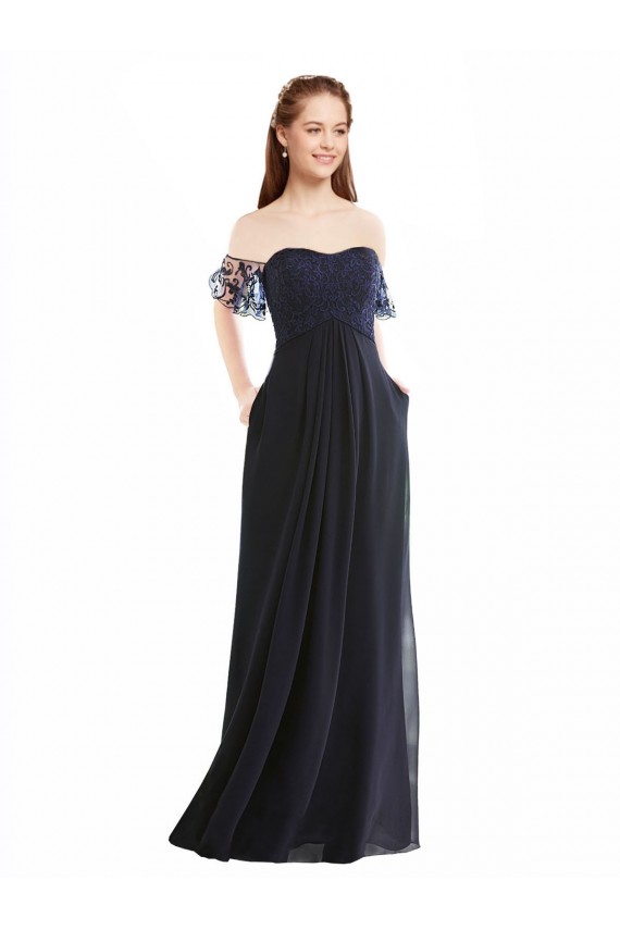 Azul marina oscuro línea A Hombros Descubiertos Cuello en V Gasa Encaje Largo Vestidos de dama de honor Al Por Mayor