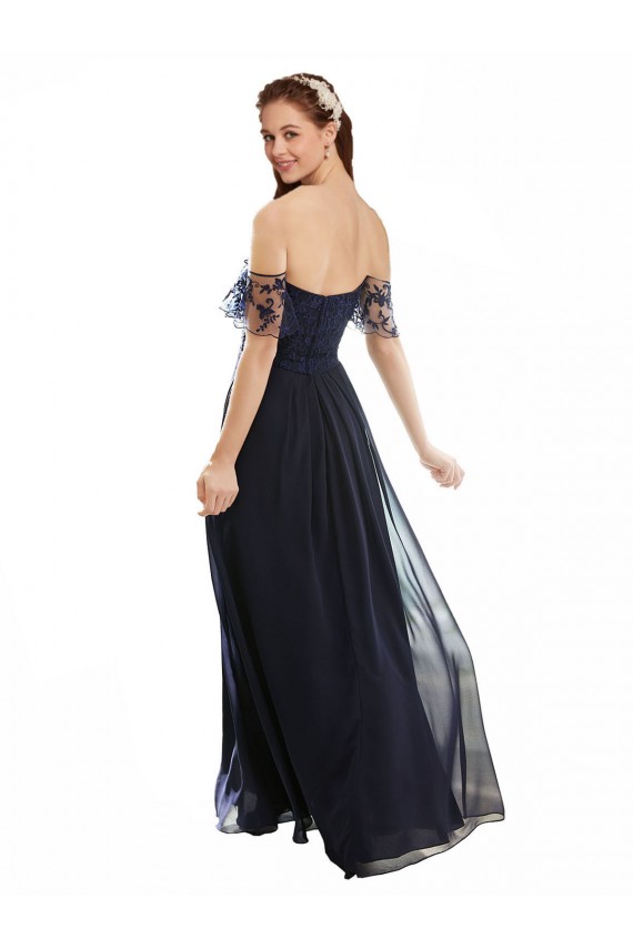 Azul marina oscuro línea A Hombros Descubiertos Cuello en V Gasa Encaje Largo Vestidos de dama de honor Al Por Mayor