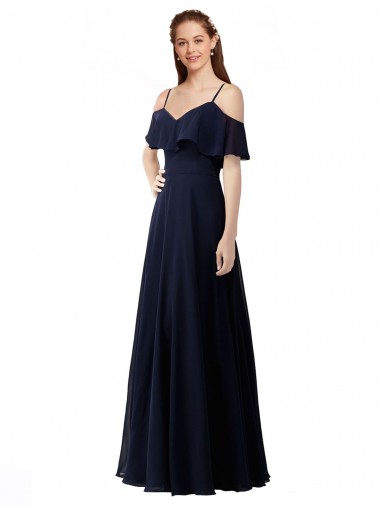 Azul marina oscuro línea A Hombros Descubiertos Cuello en V Gasa Largo Vestidos de dama de honor Al Por Mayor