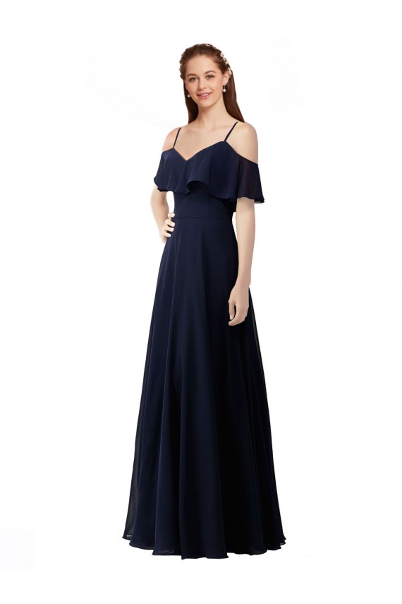 Azul marina oscuro línea A Hombros Descubiertos Cuello en V Gasa Largo Vestidos de dama de honor Al Por Mayor