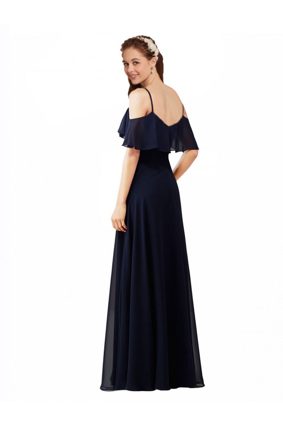 Azul marina oscuro línea A Hombros Descubiertos Cuello en V Gasa Largo Vestidos de dama de honor Al Por Mayor
