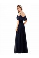 Azul marina oscuro línea A Hombros Descubiertos Cuello en V Gasa Largo Vestidos de dama de honor Al Por Mayor