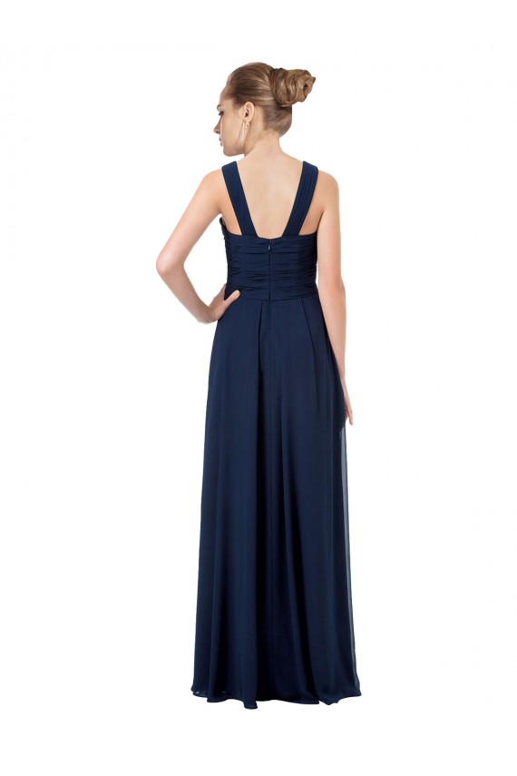 Azul marina oscuro línea A Hombros Descubiertos Gasa Largo Vestidos de dama de honor Al Por Mayor
