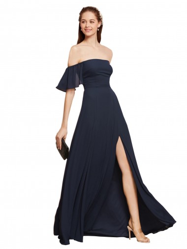 Azul marina oscuro línea A Hombros Descubiertos Gasa Largo Vestidos de dama de honor / Vestidos de fiesta Al Por Mayor