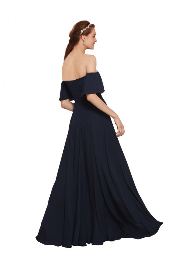 Azul marina oscuro línea A Hombros Descubiertos Gasa Largo Vestidos de dama de honor / Vestidos de fiesta Al Por Mayor