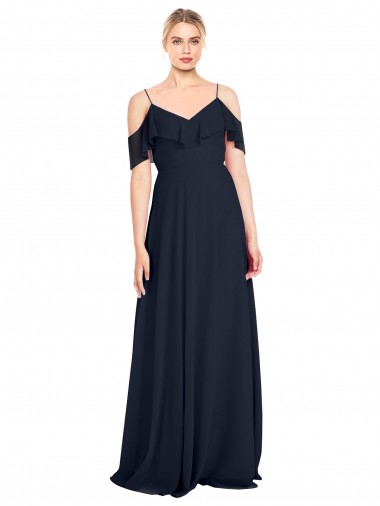 Azul marina oscuro línea A Hombros Descubiertos Tirantes espagueti Gasa Largo Vestidos de dama de honor Al Por Mayor