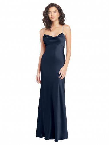 Azul marina oscuro línea A Satén elástico Largo Formales Vestidos de dama de honor / Vestidos de fiesta Al Por Mayor