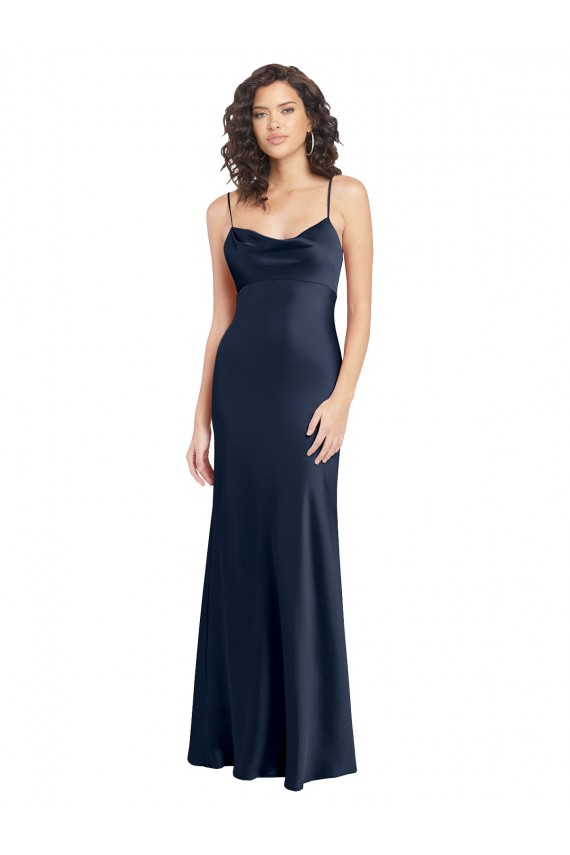 Azul marina oscuro línea A Satén elástico Largo Formales Vestidos de dama de honor / Vestidos de fiesta Al Por Mayor