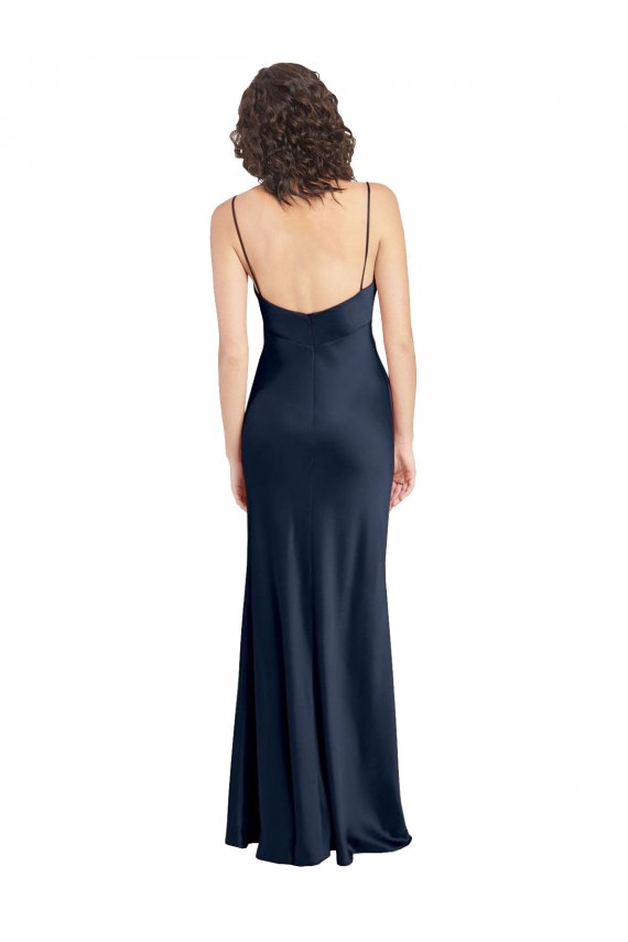 Azul marina oscuro línea A Satén elástico Largo Formales Vestidos de dama de honor / Vestidos de fiesta Al Por Mayor