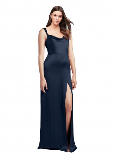 Azul marina oscuro línea A Satén elástico Largo Formales Vestidos de dama de honor / Vestidos de fiesta Al Por Mayor