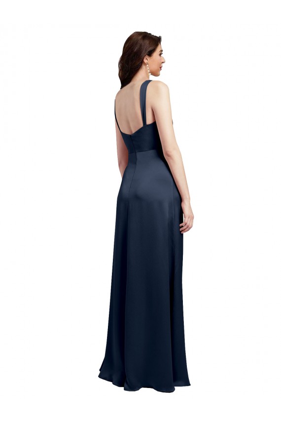 Azul marina oscuro línea A Satén elástico Largo Formales Vestidos de dama de honor / Vestidos de fiesta Al Por Mayor