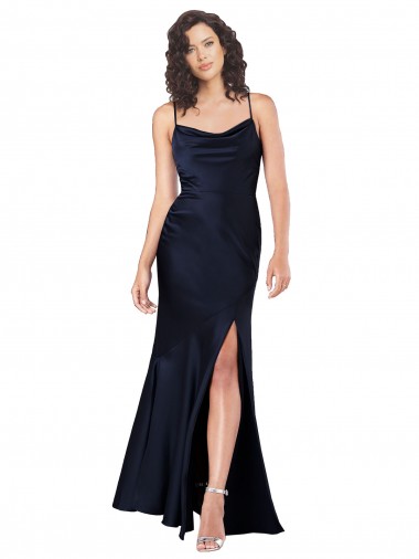 Azul marina oscuro línea A Satén sedoso Largo Formales Vestidos de dama de honor / Vestidos de fiesta Al Por Mayor