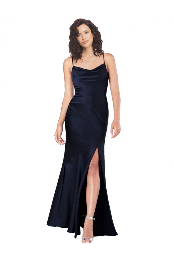Azul marina oscuro línea A Satén sedoso Largo Formales Vestidos de dama de honor / Vestidos de fiesta Al Por Mayor