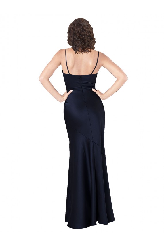 Azul marina oscuro línea A Satén sedoso Largo Formales Vestidos de dama de honor / Vestidos de fiesta Al Por Mayor