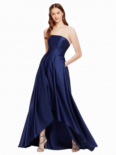 Azul marina oscuro línea A Sin tirantes Satén Largo Asimétrico Formales Vestidos de dama de honor / Vestidos de fiesta Al Por Mayor