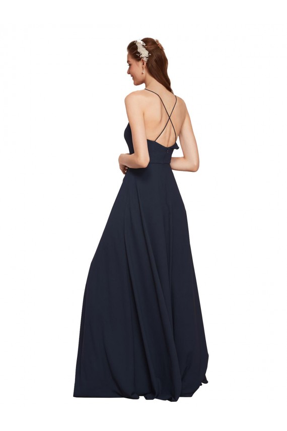 Azul marina oscuro línea A Tirantes espagueti Cuello en V Gasa Largo Vestidos de dama de honor Al Por Mayor