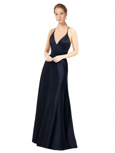 Azul marina oscuro línea A Tirantes espagueti Cuello en V Satén Largo Vestidos de dama de honor / Vestidos de fiesta Al Por Mayor