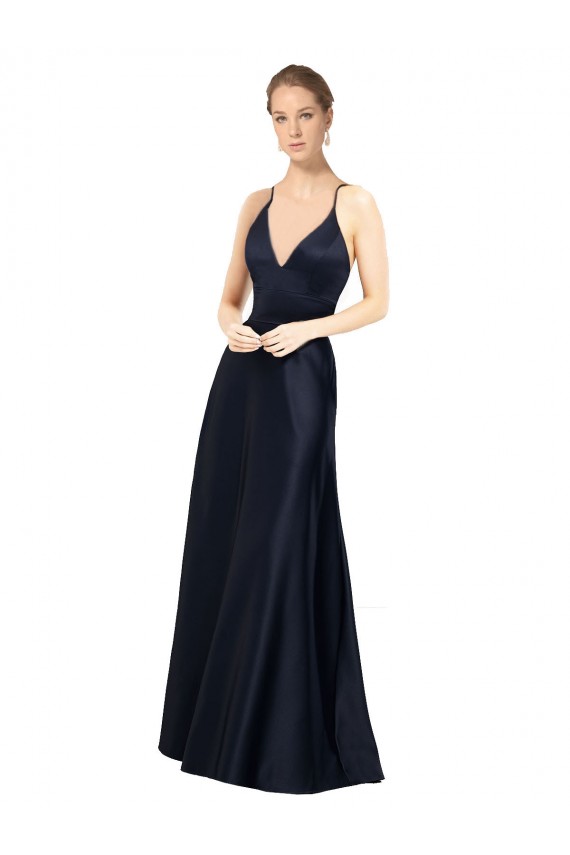 Azul marina oscuro línea A Tirantes espagueti Cuello en V Satén Largo Vestidos de dama de honor / Vestidos de fiesta Al Por Mayor
