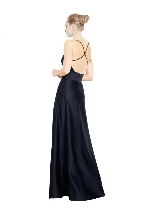 Azul marina oscuro línea A Tirantes espagueti Cuello en V Satén Largo Vestidos de dama de honor / Vestidos de fiesta Al Por Mayor