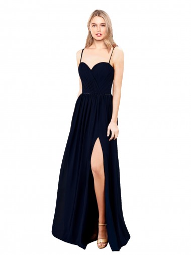 Azul marina oscuro línea A Tirantes espagueti Gasa Largo Formales Vestidos de dama de honor / Vestidos de noche Al Por Mayor