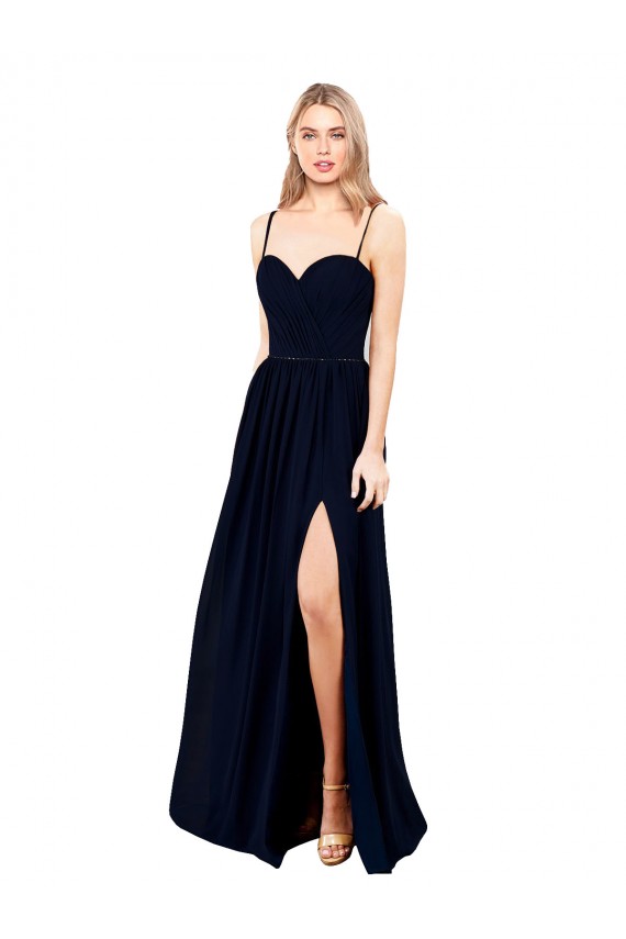 Azul marina oscuro línea A Tirantes espagueti Gasa Largo Formales Vestidos de dama de honor / Vestidos de noche Al Por Mayor