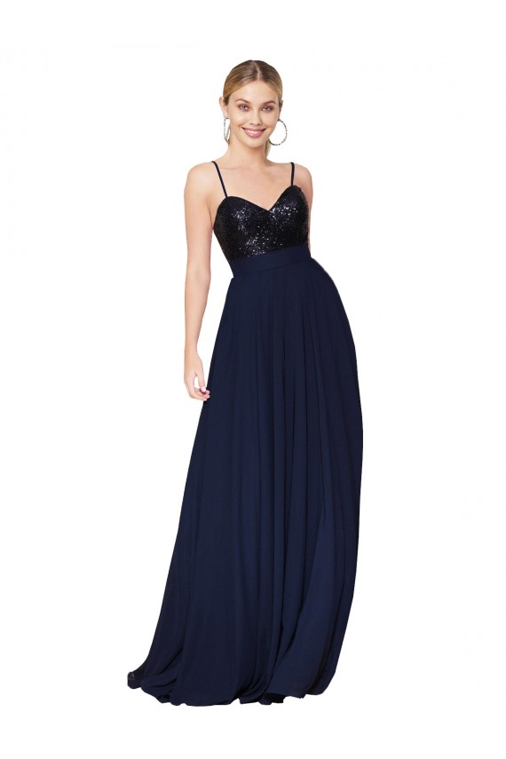 Azul marina oscuro línea A Tirantes espagueti Gasa Lentejuela Largo Vestidos de dama de honor / Vestidos de fiesta Al Por Mayor