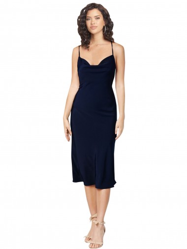 Azul marina oscuro línea A Tirantes espagueti Midi Satén sedoso Corto Formales Vestidos de dama de honor / Vestidos de fiesta / Vestidos de cóctel Al Por Mayor