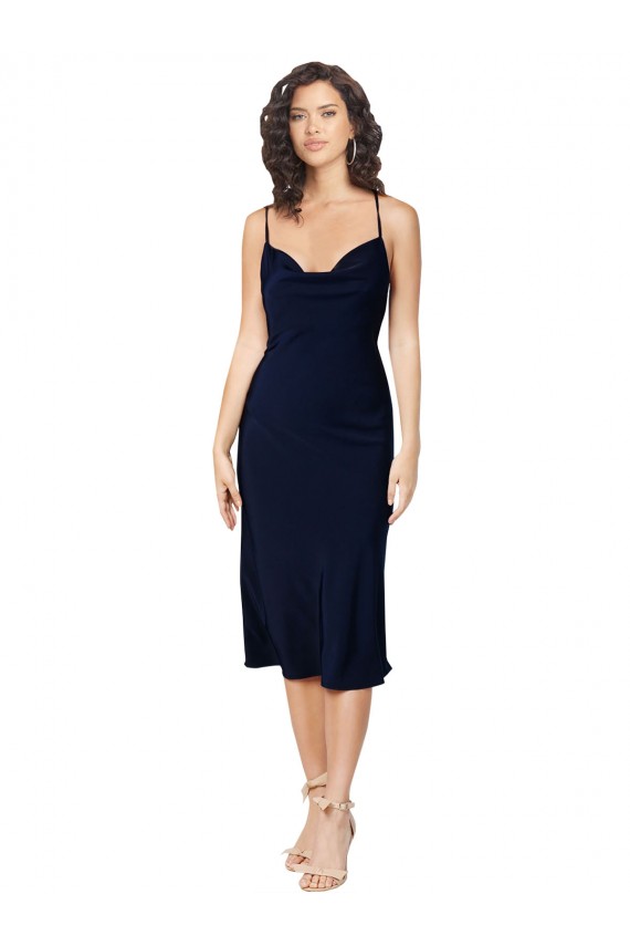 Azul marina oscuro línea A Tirantes espagueti Midi Satén sedoso Corto Formales Vestidos de dama de honor / Vestidos de fiesta / Vestidos de cóctel Al Por Mayor