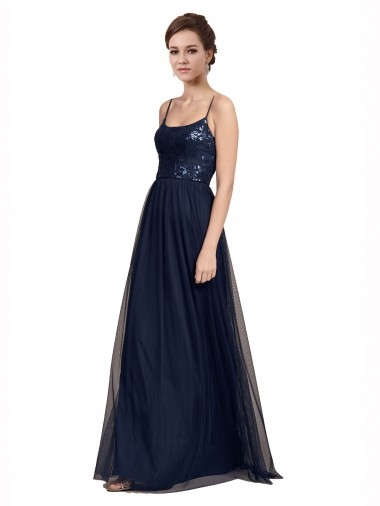 Azul marina oscuro línea A Tirantes espagueti Tul Encaje Largo Vestidos de dama de honor Al Por Mayor