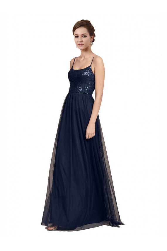 Azul marina oscuro línea A Tirantes espagueti Tul Encaje Largo Vestidos de dama de honor Al Por Mayor