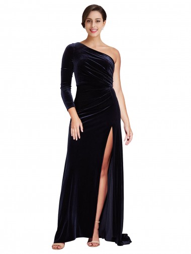 Azul marina oscuro línea A Un Hombre Barrer tren Terciopelo Elástico Largo Formales Vestidos de dama de honor / Vestidos de fiesta Al Por Mayor