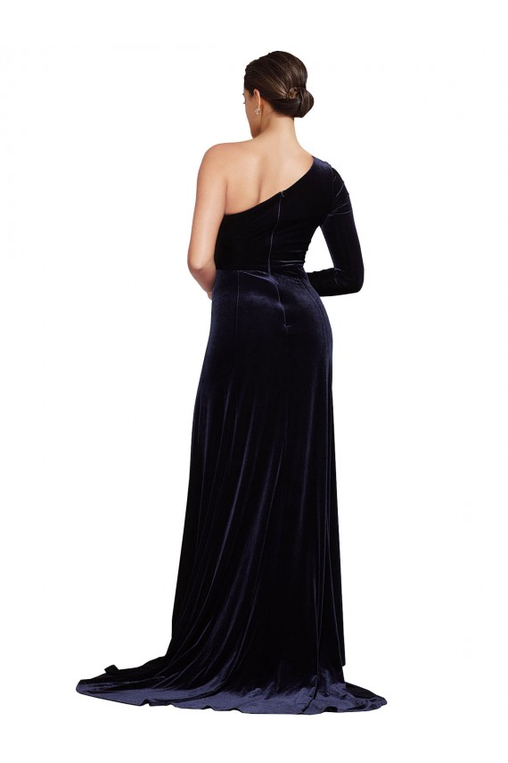 Azul marina oscuro línea A Un Hombre Barrer tren Terciopelo Elástico Largo Formales Vestidos de dama de honor / Vestidos de fiesta Al Por Mayor