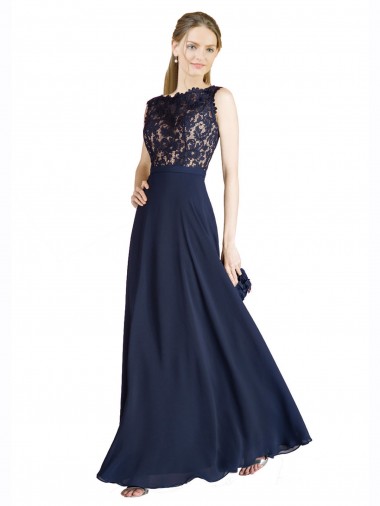 Azul marina oscuro línea A Ilusión Gasa Encaje Largo Vestidos de dama de honor / Vestidos de fiesta Al Por Mayor