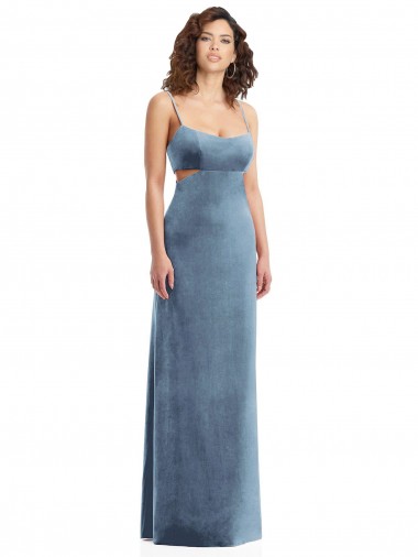 Azul polvoriento Cubierta Cuadrado Terciopelo Elástico Largo Formales Vestidos de dama de honor / Vestidos de fiesta Al Por Mayor