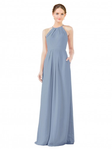 Azul polvoriento Cubierta Halter Cuello Alto Gasa Largo Vestidos de dama de honor Al Por Mayor