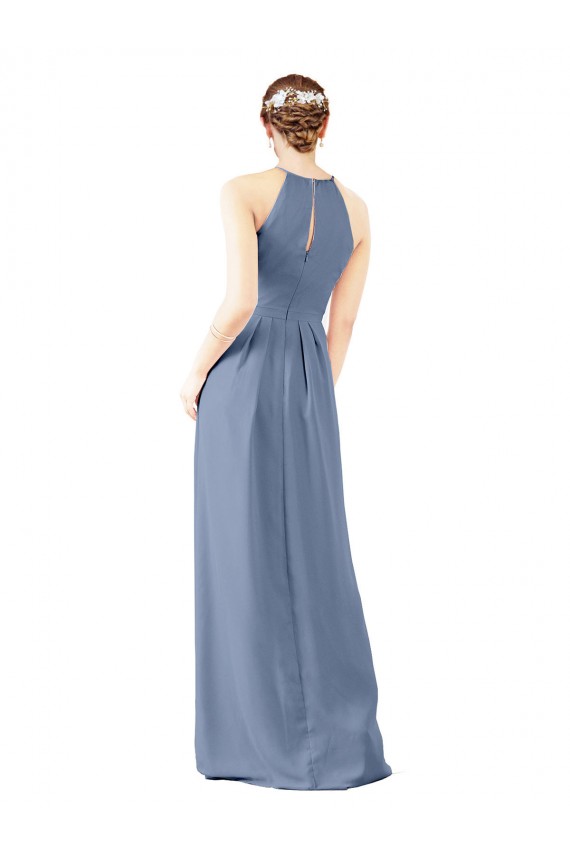 Azul polvoriento Cubierta Halter Cuello Alto Gasa Largo Vestidos de dama de honor Al Por Mayor