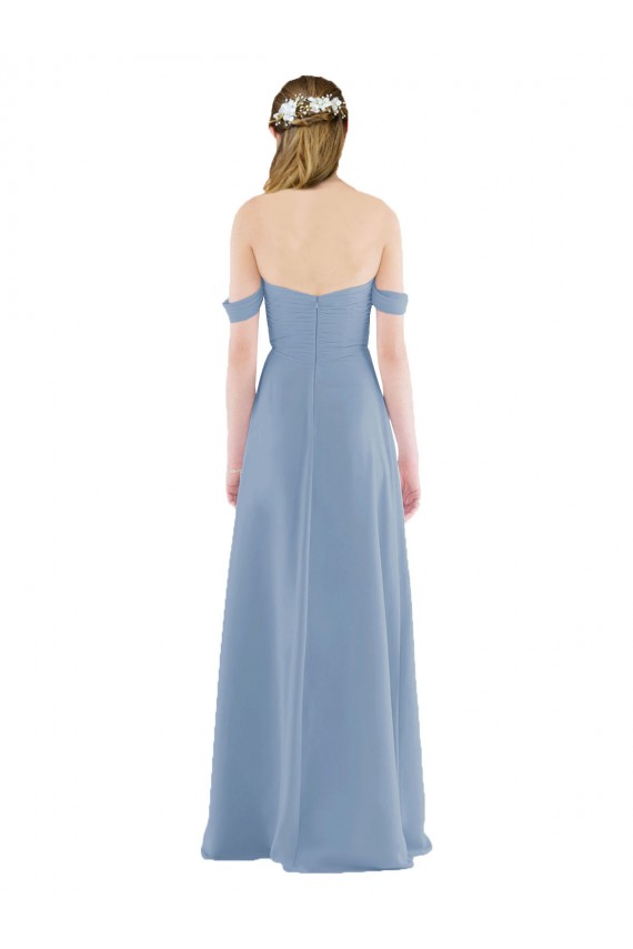 Azul polvoriento Cubierta Hombros Descubiertos Gasa Largo Vestidos de dama de honor Al Por Mayor