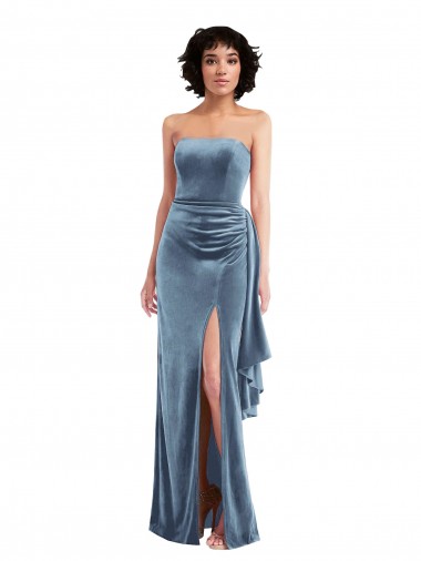 Azul polvoriento Cubierta Sin tirantes Terciopelo Elástico Largo Formales Vestidos de dama de honor / Vestidos de fiesta Al Por Mayor