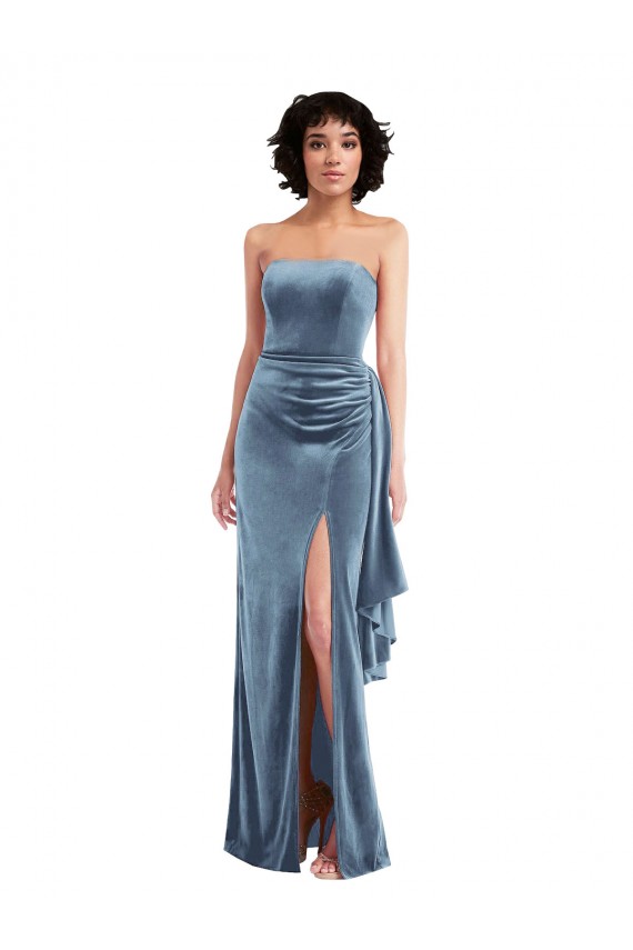Azul polvoriento Cubierta Sin tirantes Terciopelo Elástico Largo Formales Vestidos de dama de honor / Vestidos de fiesta Al Por Mayor