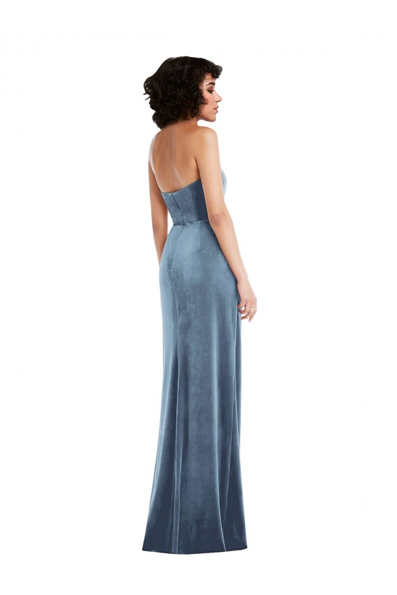 Azul polvoriento Cubierta Sin tirantes Terciopelo Elástico Largo Formales Vestidos de dama de honor / Vestidos de fiesta Al Por Mayor