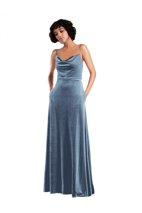 Azul polvoriento Cubierta Terciopelo Elástico Largo Vestidos de dama de honor / Vestidos de fiesta Al Por Mayor