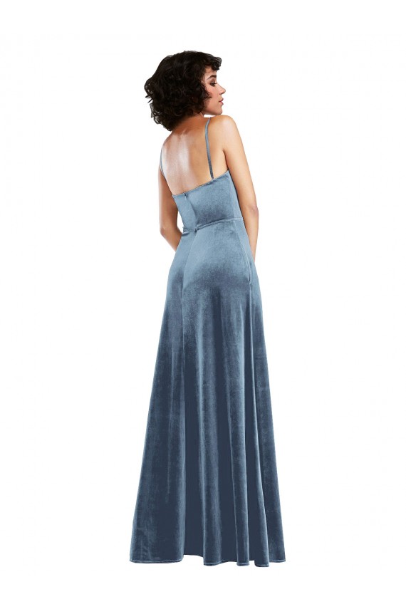 Azul polvoriento Cubierta Terciopelo Elástico Largo Vestidos de dama de honor / Vestidos de fiesta Al Por Mayor